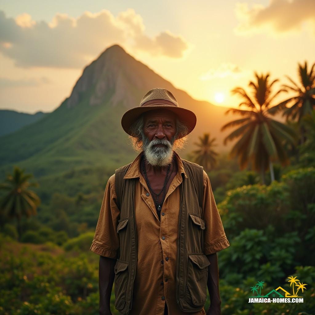 Wizened Jamaican landowner, dressed in worn, earth-toned clothing, standing proudly in front of lush, vibrant Caribbean landscape, with rugged hills and swaying palm trees in the background, bathed in warm, golden light of a setting sun.