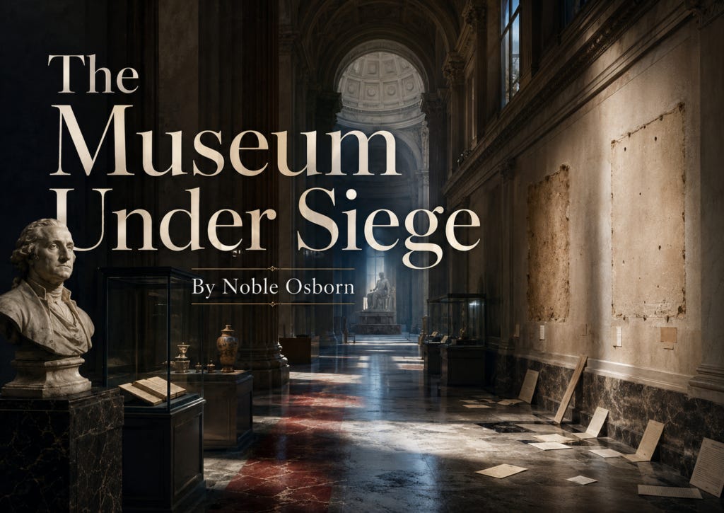 Article cover for “The Museum Under Siege” by Noble Osborn. A dark, dramatic museum gallery stretches into the distance beneath high arches and shafts of light. A marble bust stands beside glass display cases, while empty wall spaces, scattered placards, and fallen papers suggest removed exhibits and contested public memory. The title appears in large elegant serif text over the shadowed museum interior, with the byline beneath it.