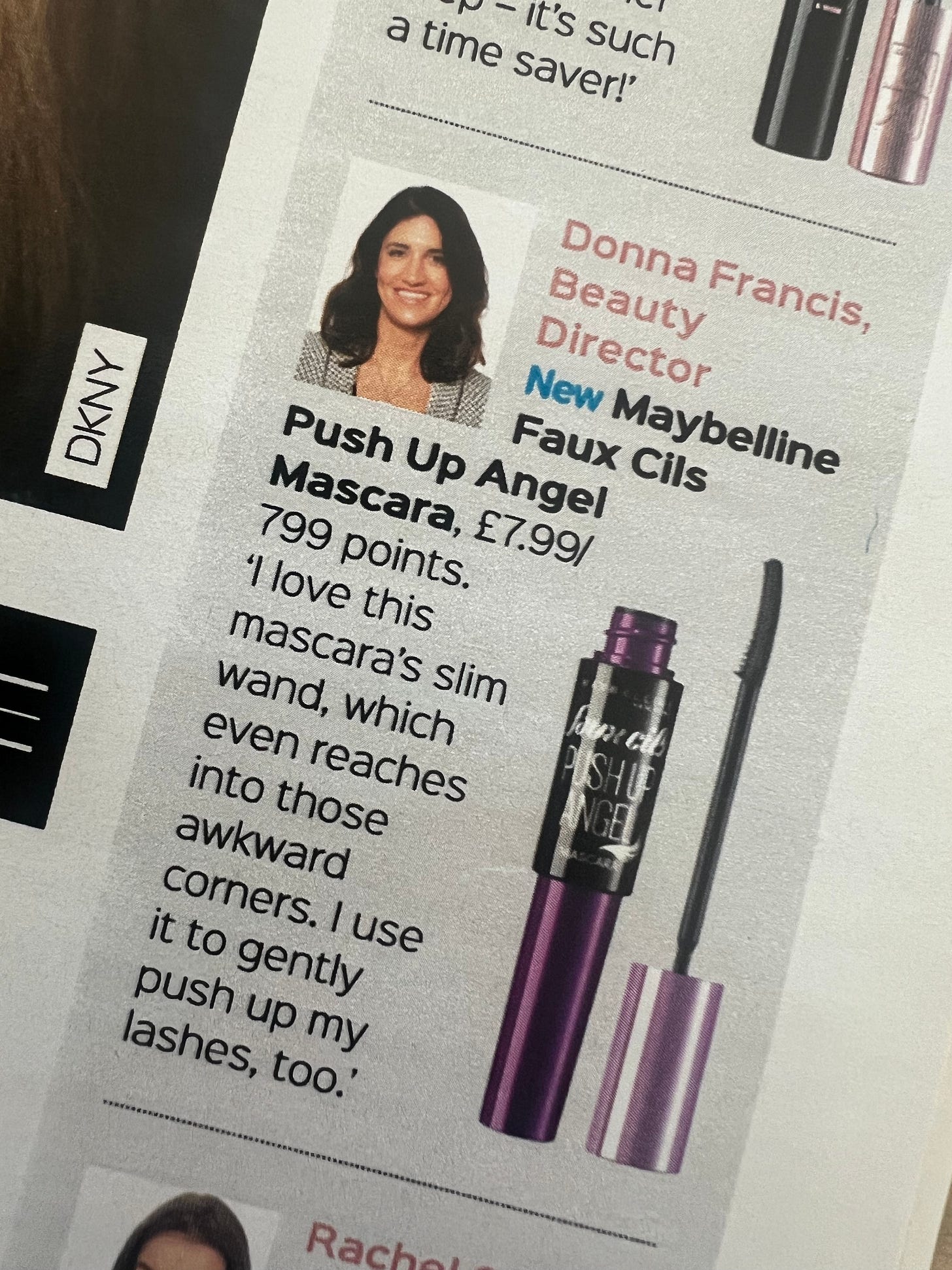 A picture of a tearsheet showing award-winning Beauty Editor Donna Francis recommending Maybelline The Falsies Push Up Angel Mascara which she still uses
