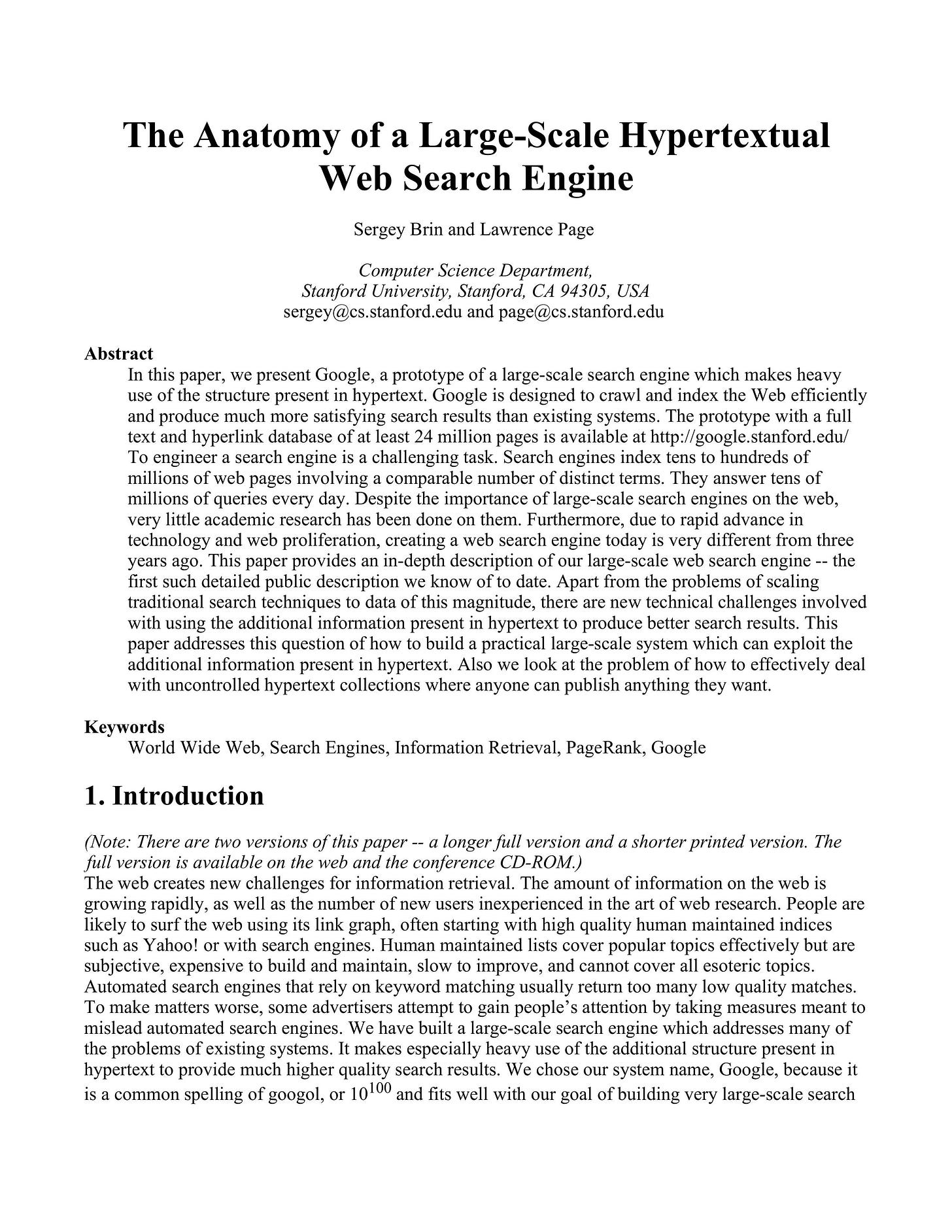 The anatomy of a large-scale hypertextual web search engine document (page  1) | Xybercraft — Tech Articles  | Judah Estrada | Substack