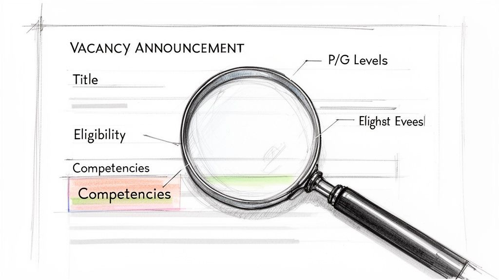 A sketch of a job vacancy announcement with a magnifying glass highlighting competencies and eligibility criteria. A sketch of a job vacancy announcement with a magnifying glass highlighting competencies and eligibility criteria.