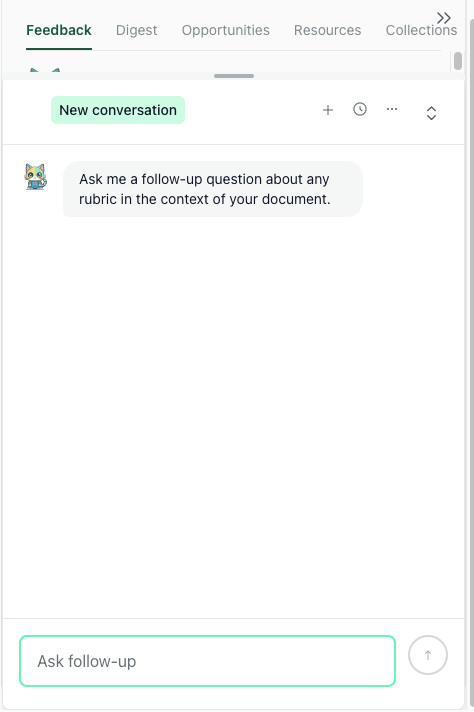 Chat with Theo interface showing the prompt to ask a follow-up question in the context of your document and an empty input field.