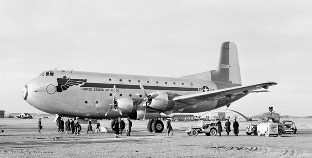 A Douglas C-124 Globemaster II heavy-lift cargo aircraft on the tarmac, circa early 1950s. U.S. Air Force photo.