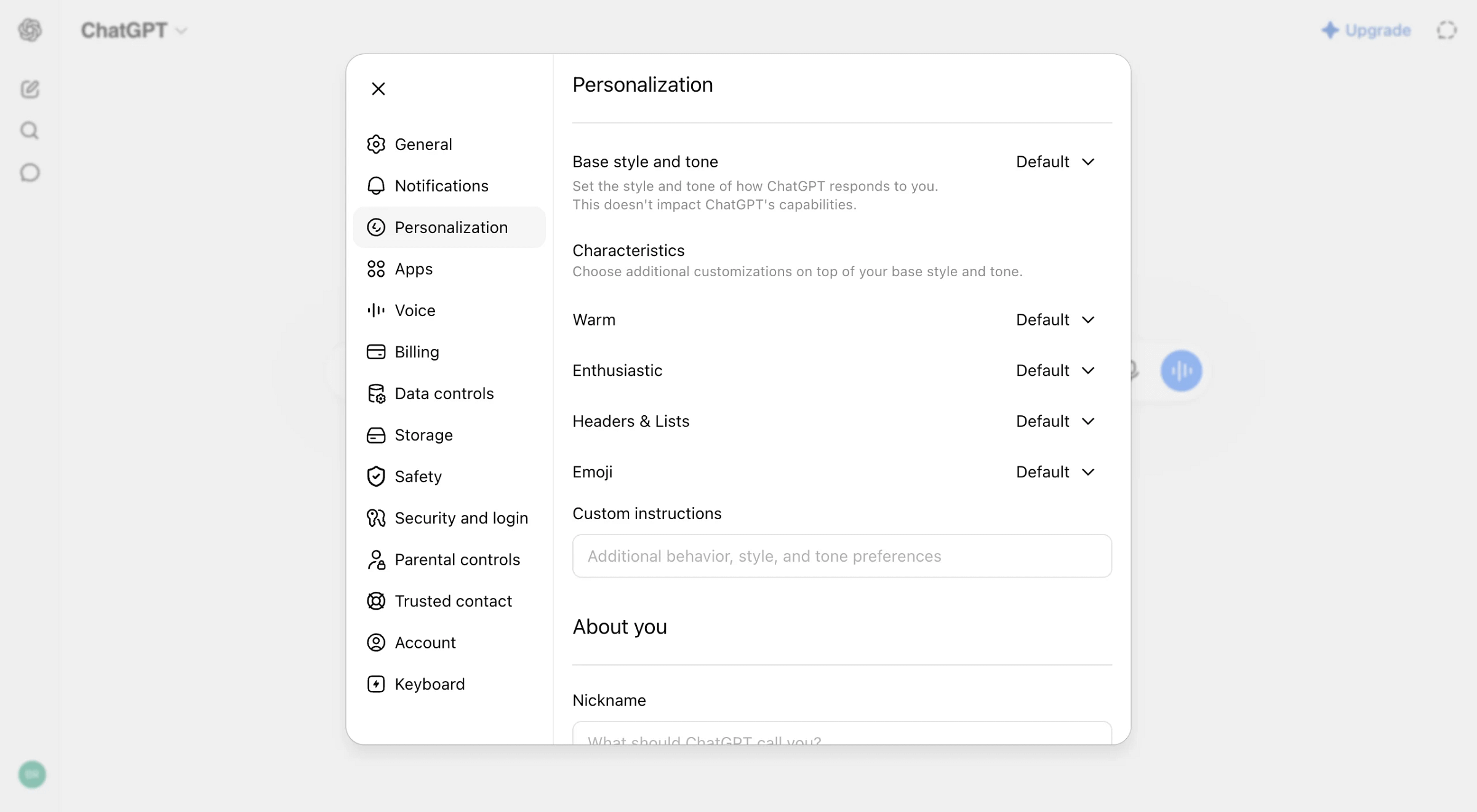 ChatGPT Personalization tab hub