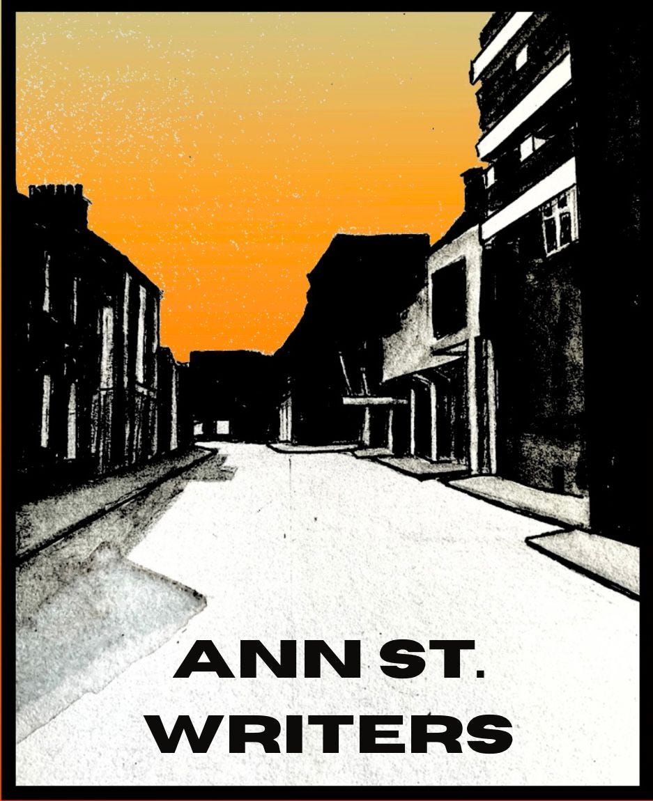orange sky, silhouette buildings, logo Ann Street Writers