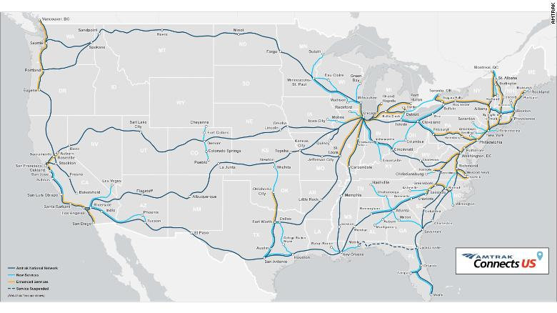 Map of Amtrak&#39;s vision to grow rail service across the United States