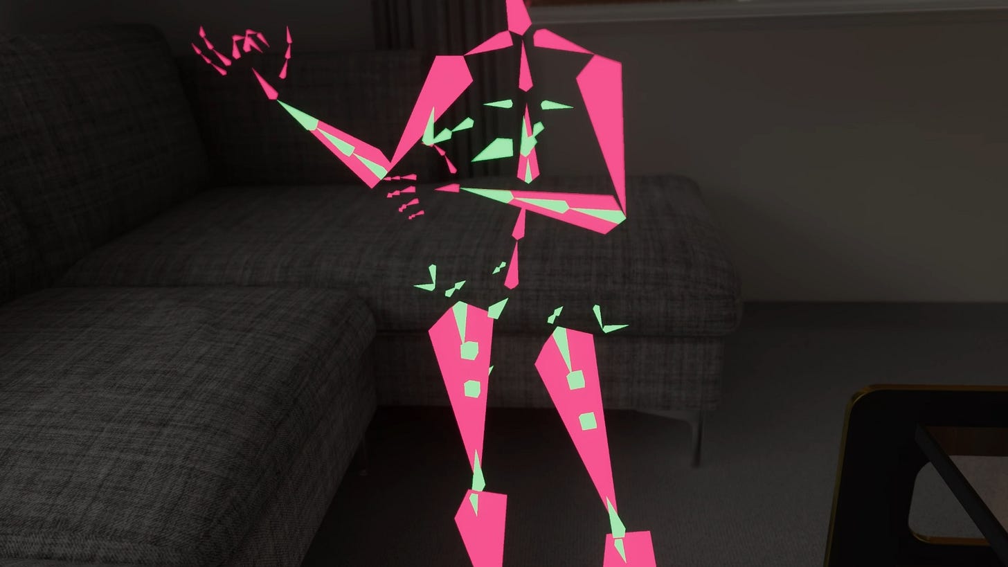 In this image, Noppers shows his own avatar rig for physbone testing. The green triangles are the physbones, while the pink ones are “bones”.