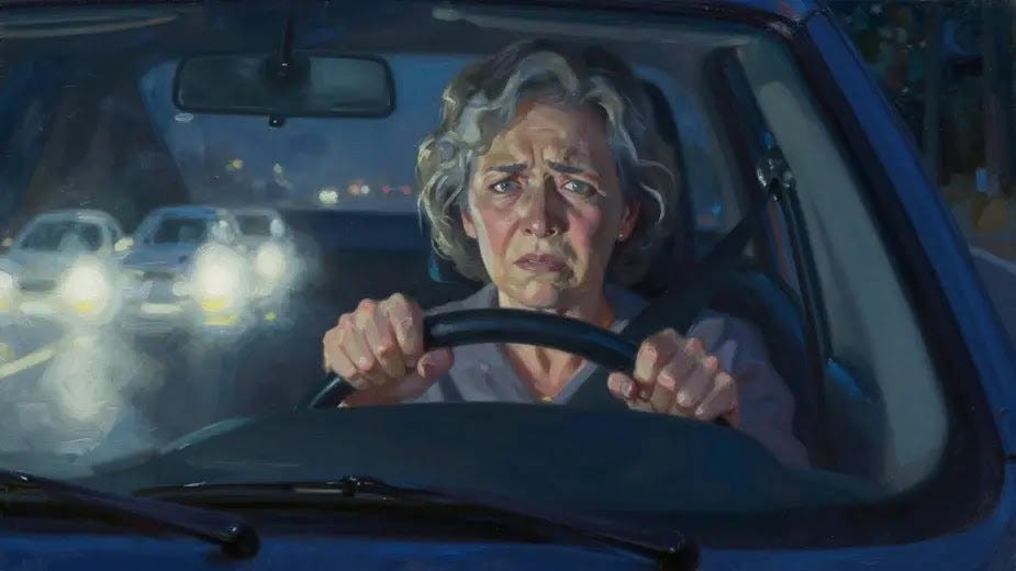 An older woman driving at night having trouble seeing due to glare of oncoming headlights a dynamic and realistic oil painting that captures her horror and frustration.