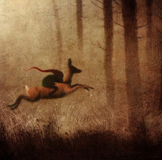 A small figure in green clothing with a red ribbon rides on the back of a brown deer leaping through a misty forest. Tall slender trees with bare branches surround the scene. Soft fog and grass add to the ethereal atmosphere. The style resembles classic fairy tale illustrations with muted colors and delicate lines.