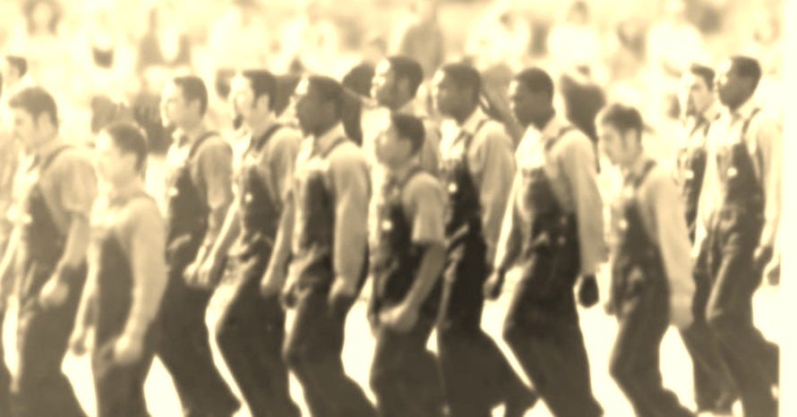 Synanon Boot Camp: Men in Overalls Marching