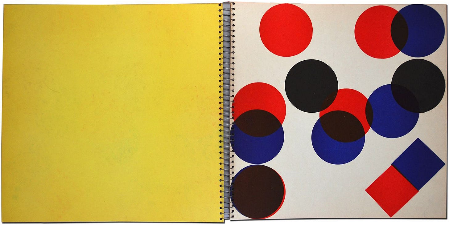 From: Dieter Roth, kinderbuch, (28 pages, 4 colour letterpress, geometric shapes with hand cut and die cut holes, spiral binding), Forlag ed, Reykjavik, 1957, Edition of approx. 25 signed copies, plus approx. 75 unsigned copies [Zucker Art Books, Alford, MA. © Dieter Roth Estate]