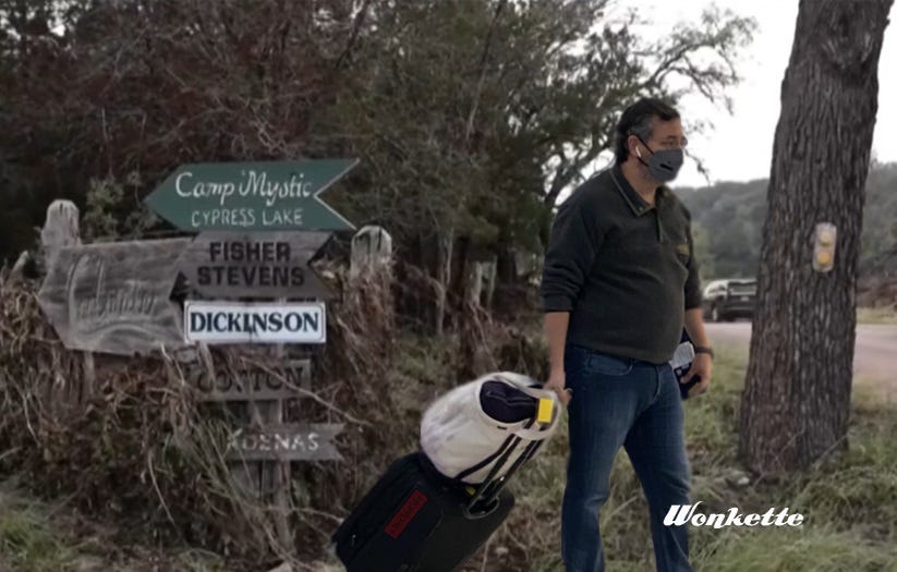 The notorious image of Ted Cruz rolling his carryon luggage in the airport for his trip to Cancun during Texas's deadly winter storm, photoshopped into an image of a signboard next to a road, with 'Camp Mystic' at the top of the signs. The notorious image of Ted Cruz rolling his carryon luggage in the airport for his trip to Cancun during Texas's deadly winter storm, photoshopped into an image of a signboard next to a road, with 'Camp Mystic' at the top of the signs.