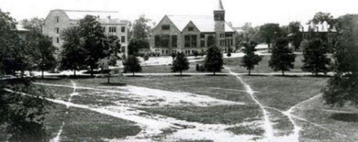 A before and after image showing multiple desire paths in the dirt followed by a drone shot showing the resulting network of paved walkways across the grass.