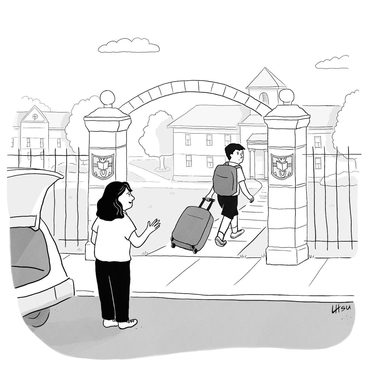 At the entrance to a college a woman waves goodbye to a young man.