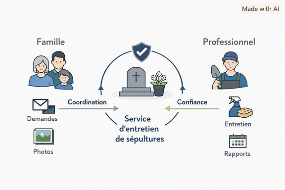 Schéma simple et sobre illustrant le lien entre une famille et un professionnel dans un service d’entretien de sépultures Schéma simple et sobre illustrant le lien entre une famille et un professionnel dans un service d’entretien de sépultures