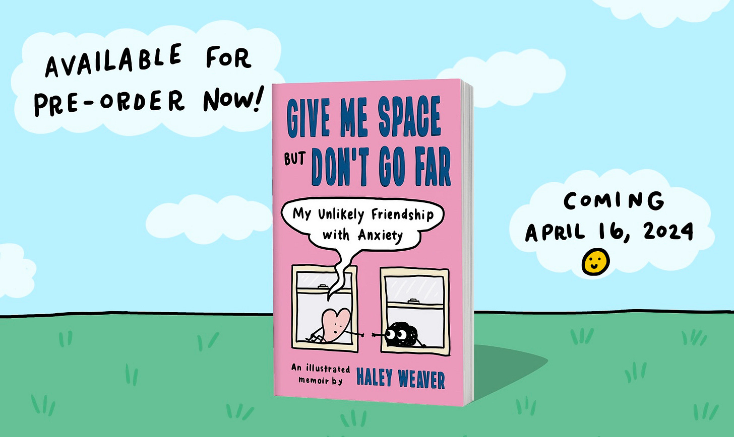 Image of book "Give Me Space But Don't Go Far" set on a blue sky background. 