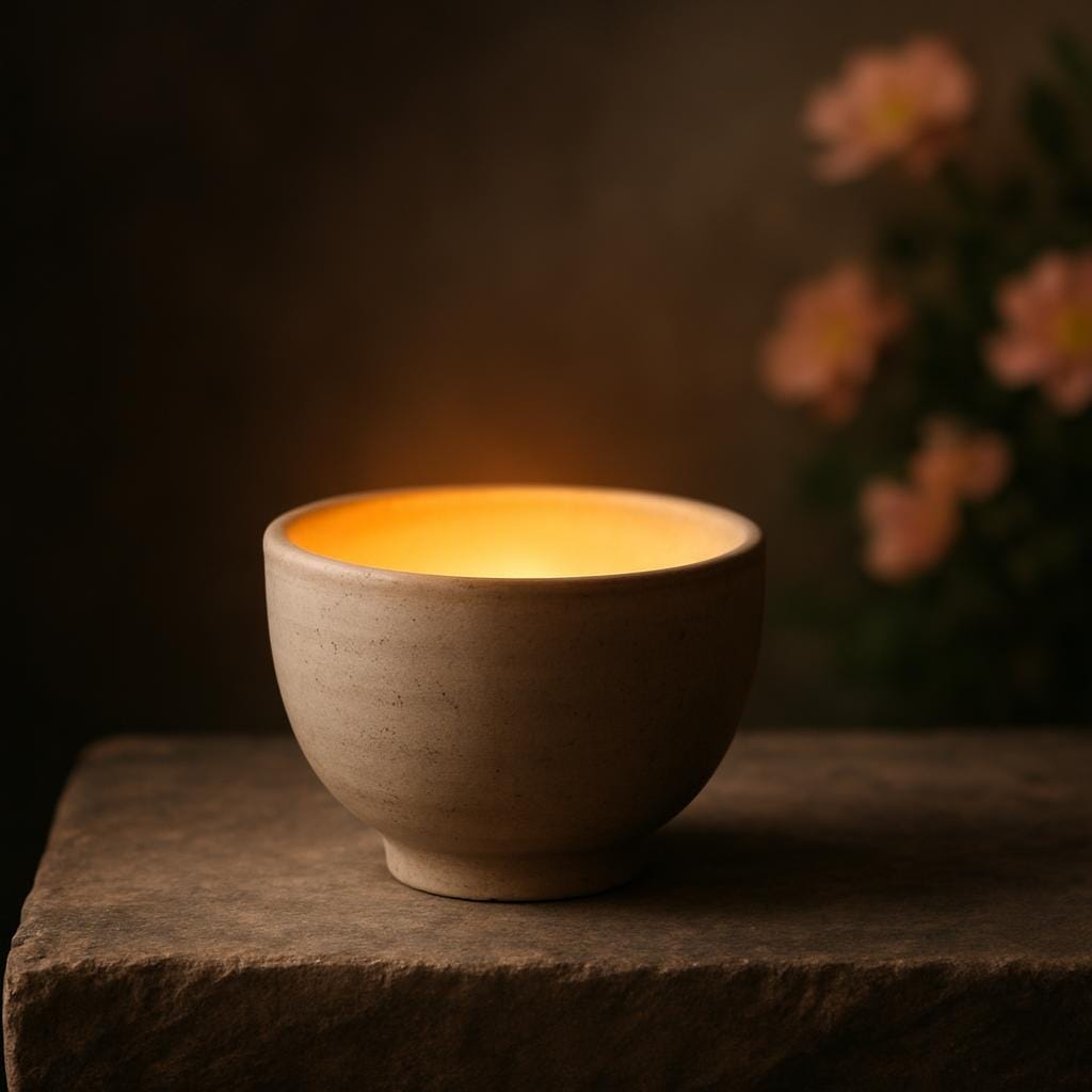 The image shows a beautiful, handcrafted ceramic vessel or bowl sitting on a stone plinth. The vessel is filled with a soft, glowing golden light that spills over the edges without breaking the container. In the background, there is a subtle, blurred transition from a dark, muddy texture to a bright, blooming garden. The aesthetic is clean, minimalist, and serene, symbolizing psychological integration and spiritual hygiene. The image shows a beautiful, handcrafted ceramic vessel or bowl sitting on a stone plinth. The vessel is filled with a soft, glowing golden light that spills over the edges without breaking the container. In the background, there is a subtle, blurred transition from a dark, muddy texture to a bright, blooming garden. The aesthetic is clean, minimalist, and serene, symbolizing psychological integration and spiritual hygiene.