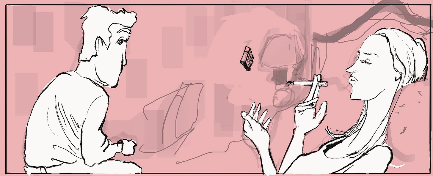 A stylized sketch of Joseph Gordon-Levitt watching Emily Blunt levitate a lighter while laying in bed smoking A stylized sketch of Joseph Gordon-Levitt watching Emily Blunt levitate a lighter while laying in bed smoking