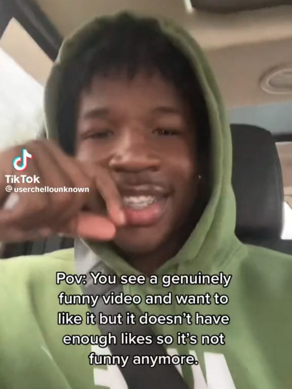 A screenshot of a TikTok. Overlayed on a selfie of the creator are the words "Pov: You see a genuinely funny video and want to like it but it doesn't have enough likes so it's not funny anymore."