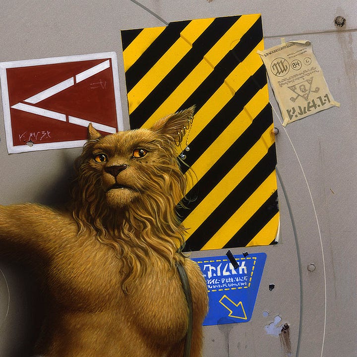 LEFT: Figure detail from CHANUR'S VENTURE featuring a feline alien pulling a heavy bulkhead door closed. With one arm extended, she leans away putting her weight into the motion. A trio of gold bangles slide down her wrist to her forearm. Her offhand grips the strap of a submachine gun. Seen through the gap, white laser trails crisscross hazy smoke. The glow of light from inside highlights the edge of the bulkhead next to Pyanfar's hip. She is bare from the waist up, wearing only a pair of crimson pants with a white waistband.  RIGHT: Background detail featuring decals on the bulkhead behind Pyanfar. To the upper left, a white V set on its side sits over a red background within a white border. Nondescript letters are scratched in the lower right corner. A larger sign with yellow and black verticals is peeling in the lower right. Disruption in the stripes is evident where the decal runs over a curved ridge in the bulkhead. On an angle, a flyer is posted with masking tape at the four corners. The artist's sigil and the copyright date hide among alien script and a triangle pointed downward. Below the caution stripes, a blue trapezoid with rounded corners contains more alien text inside a dashed border. Below a yellow bordered arrow points down and to the right, but the only thing there is some corroded spots on the metal.