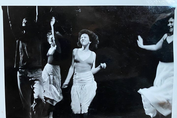 On the left, a black and white photo of women in skirts and leotards dancing. Tanya is in the center, a fierce expression on her face. On the right, a group of people are piled on top of each other, smiling at the camera.