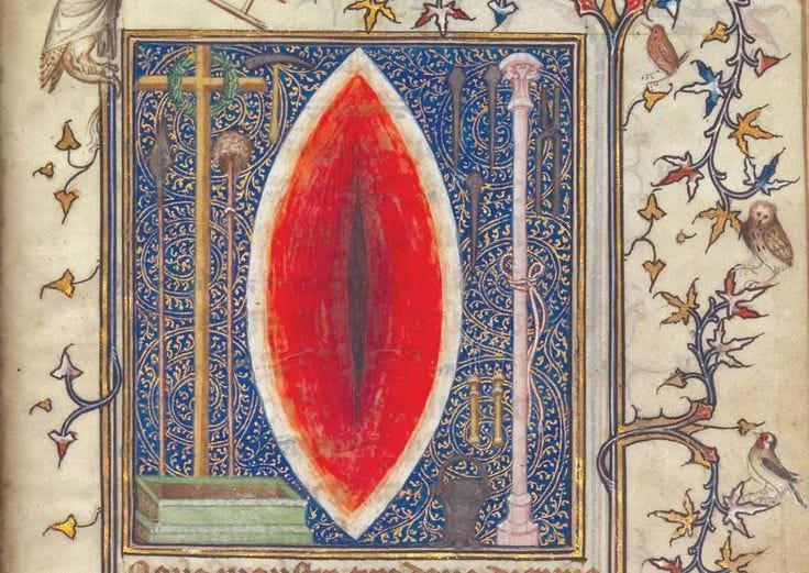 This may contain: an old book with some designs on the front and back cover, in blue and red