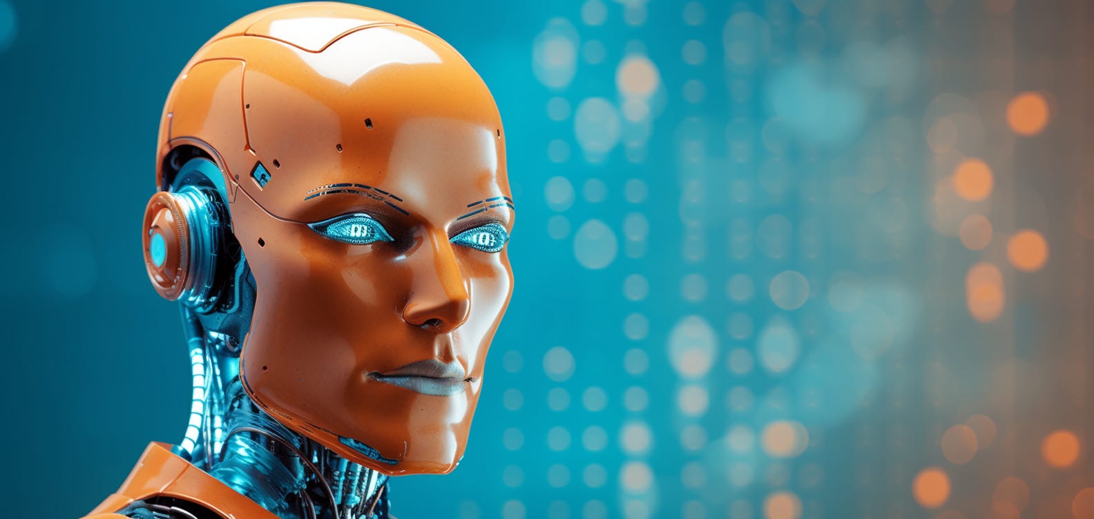 Midjourney prompt: photograph of an android having an animated conversation with a human, colors of Burnt Orange and Air Superiority Blue --no airplanes --ar 19:9 Midjourney prompt: photograph of an android having an animated conversation with a human, colors of Burnt Orange and Air Superiority Blue --no airplanes --ar 19:9