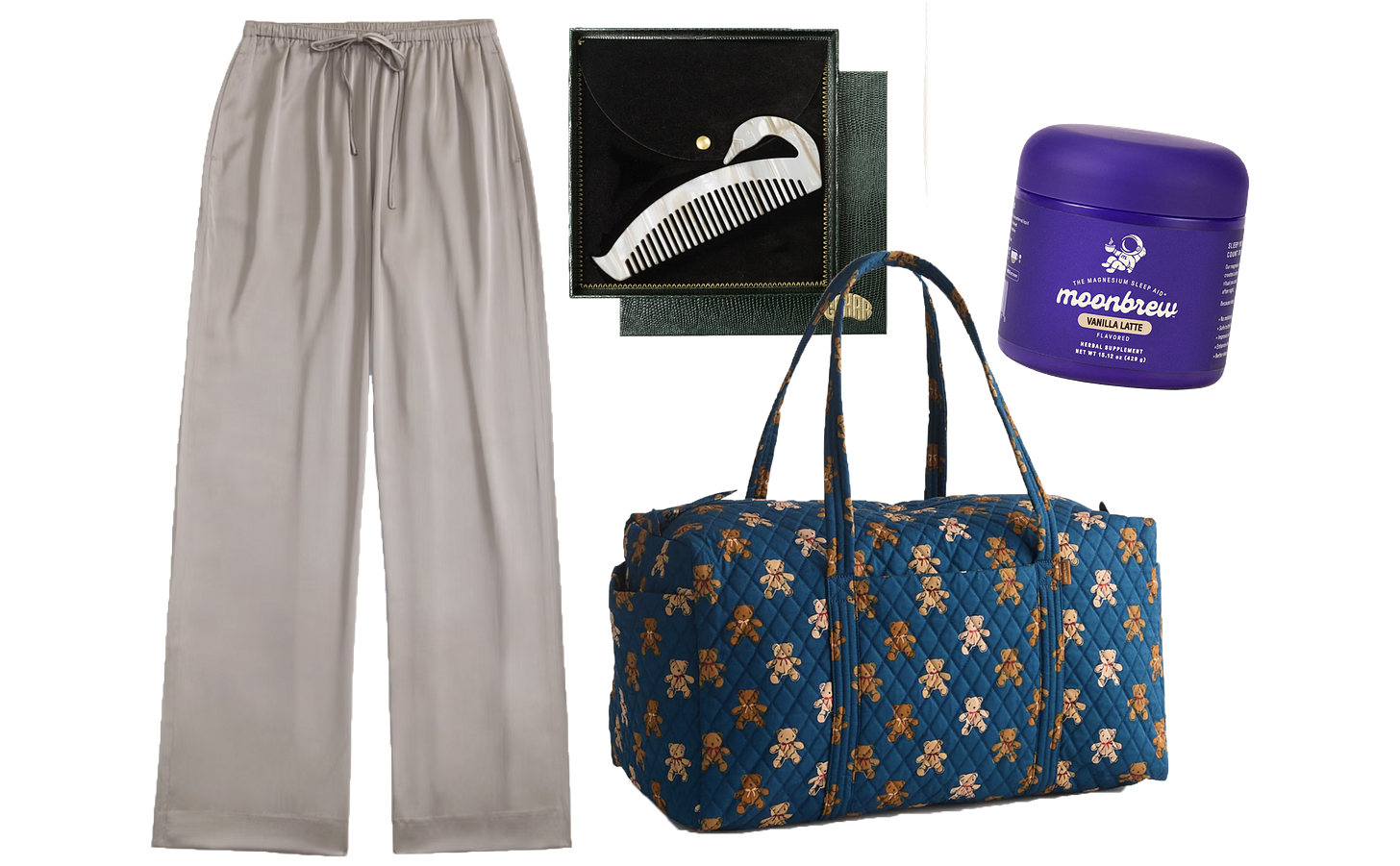 satin pants, a swan hair comb, moonbrew powder, a vera bradley duffel bag