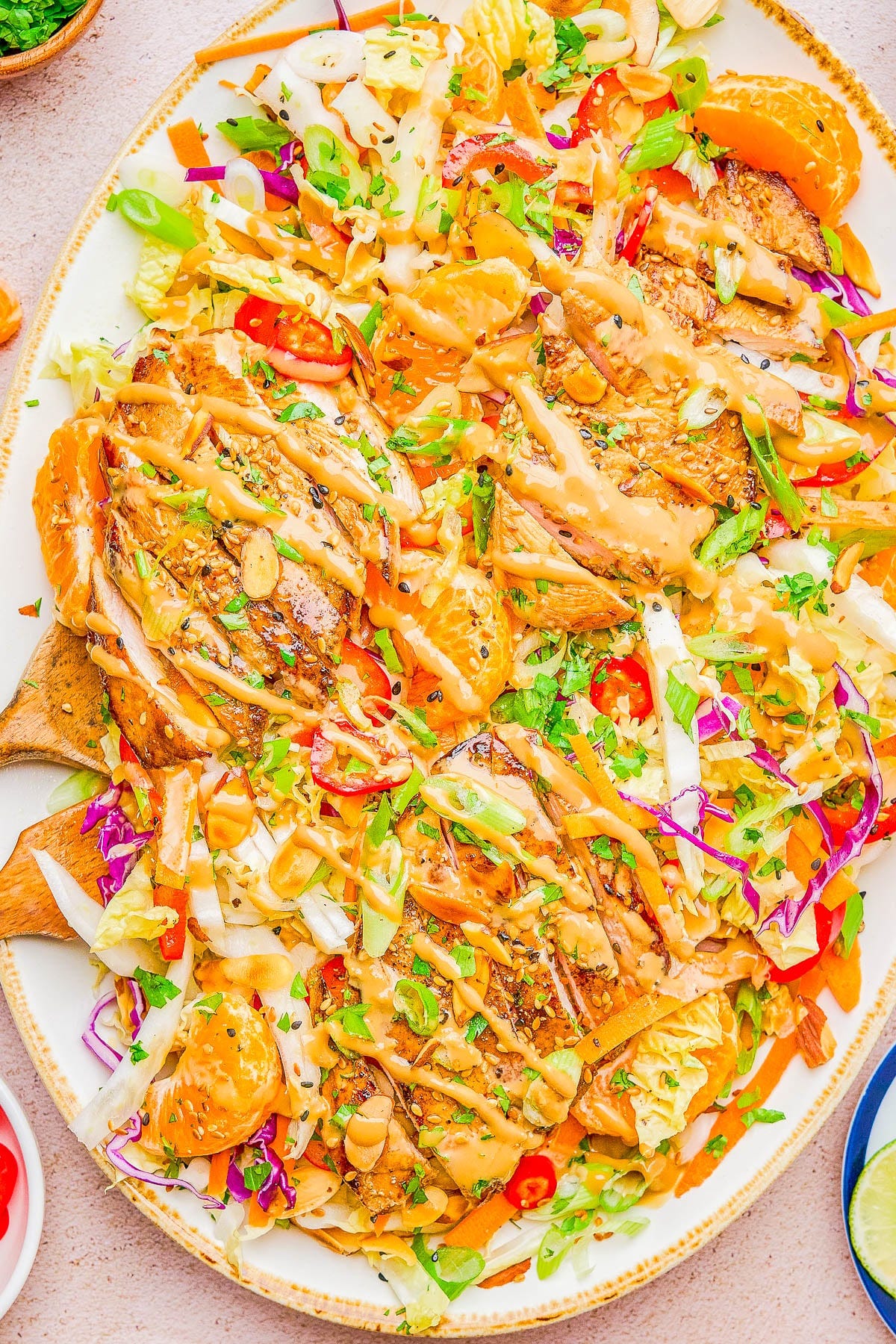 A platter of grilled chicken sliced over a colorful salad with cabbage, greens, mandarin oranges, sliced almonds, and a light dressing. A platter of grilled chicken sliced over a colorful salad with cabbage, greens, mandarin oranges, sliced almonds, and a light dressing.
