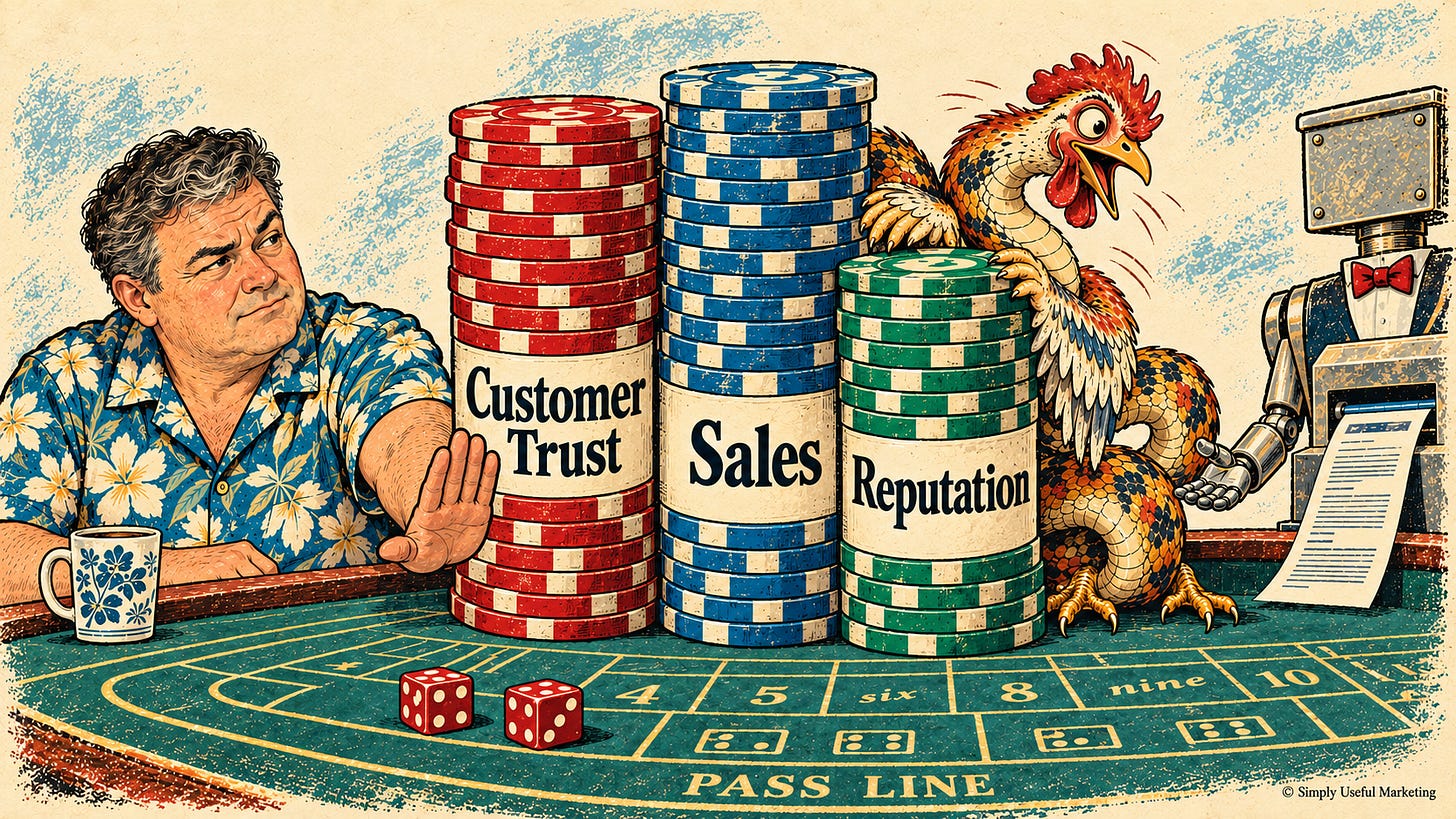Alt text: Bryant stops a cobra chicken from wagering towering chip stacks labeled “Customer Trust,” “Sales,” and “Reputation” on a craps table with red dice. Alt text: Bryant stops a cobra chicken from wagering towering chip stacks labeled “Customer Trust,” “Sales,” and “Reputation” on a craps table with red dice.
