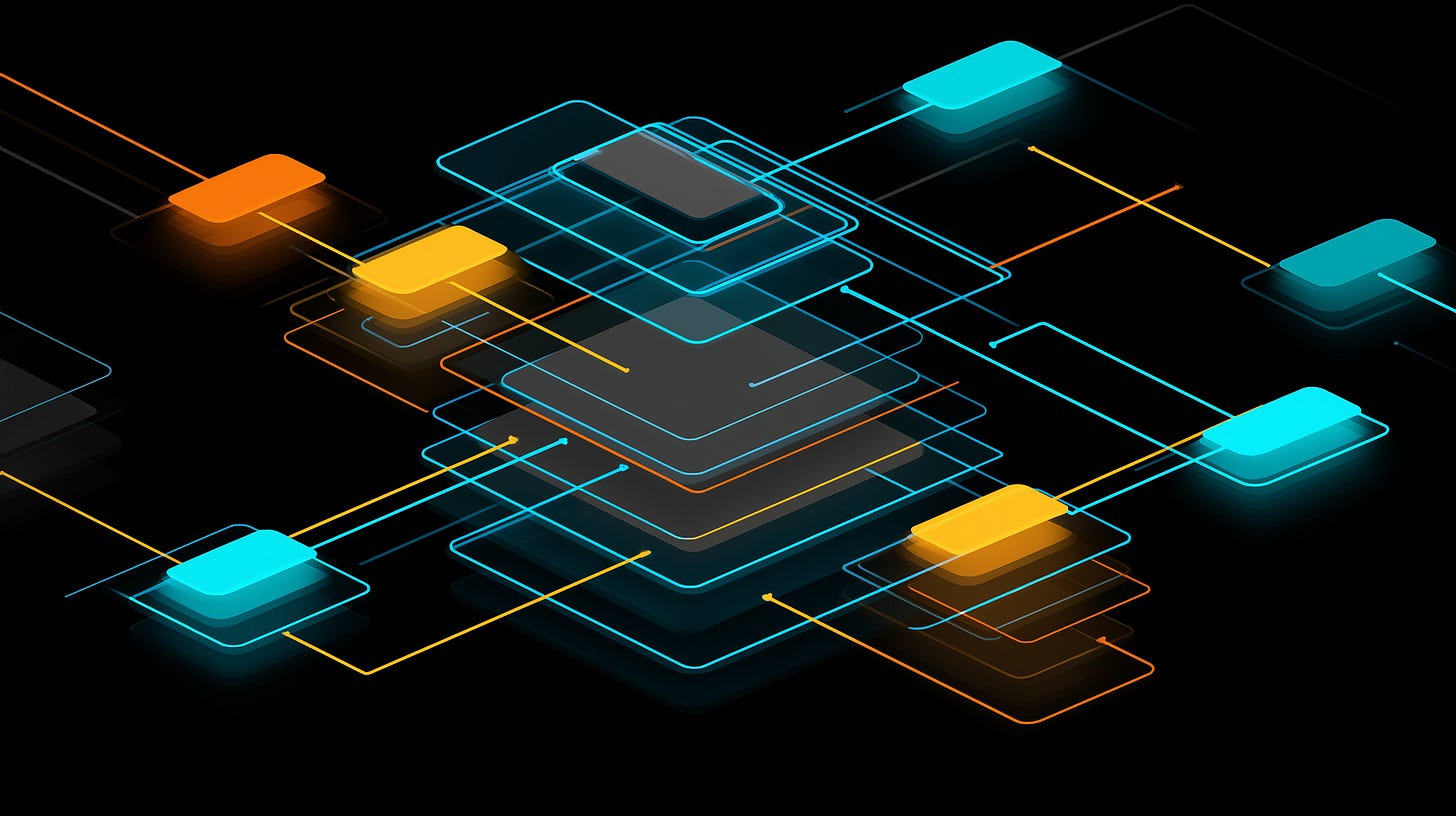 Layered architectural diagram of an AI control plane with connected modules on a dark background.