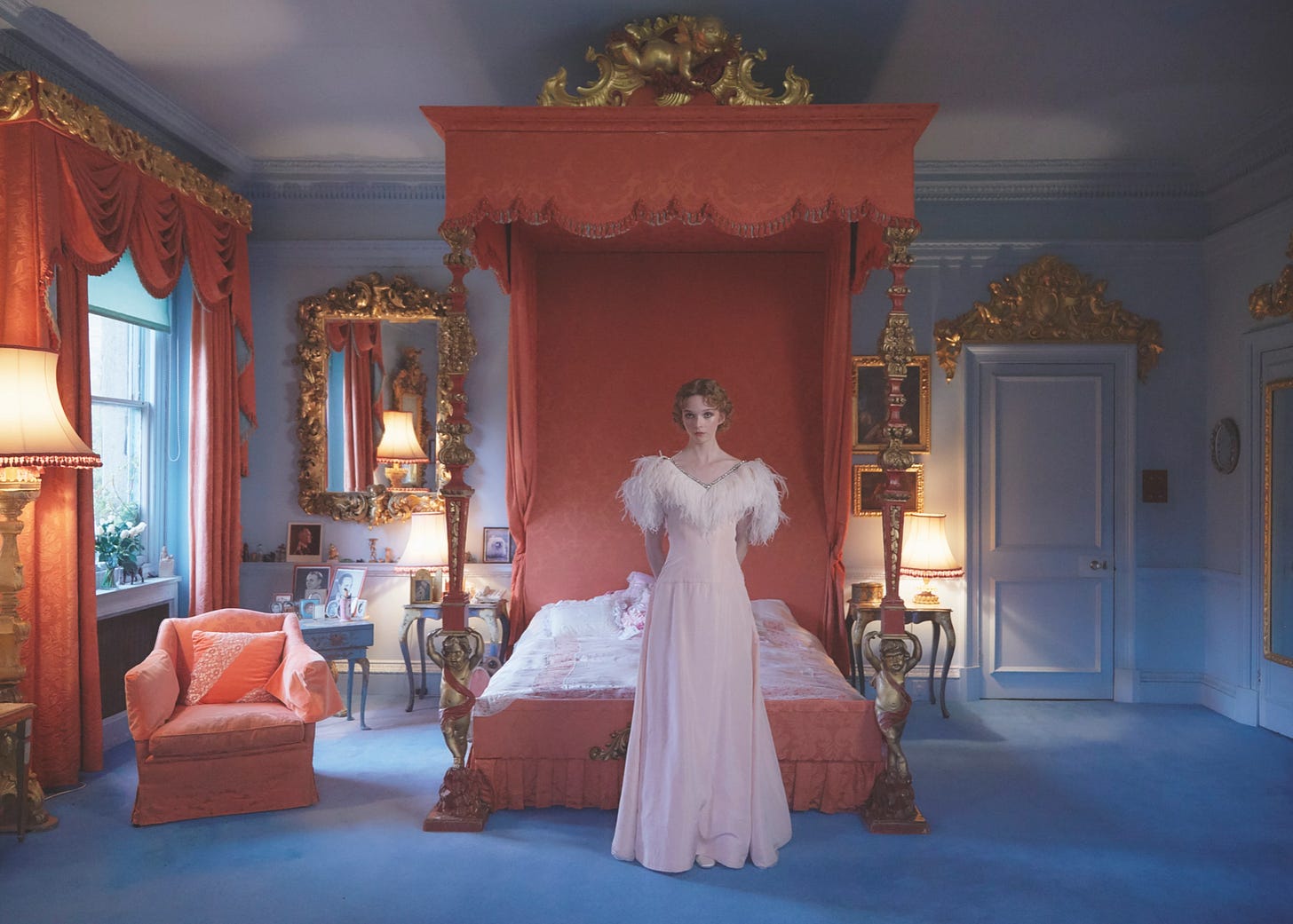 Model Lily Nova In Front Of Barbara Cartland's Bed, Photograph By Claudia Legge, Styling by Grace Joel, Make-up Up by Dominique Hawkes and Hair Styling by Laura Swaine Model Lily Nova In Front Of Barbara Cartland's Bed, Photograph By Claudia Legge, Styling by Grace Joel, Make-up Up by Dominique Hawkes and Hair Styling by Laura Swaine