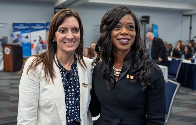 Florida International University President Jeanette Nunez and Florida A&M University President Marva Johnson pose for a photo after they were confirmed by the Florida Board of Governors at Florida Atlantic University on June 18, 2025 in Boca Raton, Florida. Florida International University President Jeanette Nunez and Florida A&M University President Marva Johnson pose for a photo after they were confirmed by the Florida Board of Governors at Florida Atlantic University on June 18, 2025 in Boca Raton, Florida.