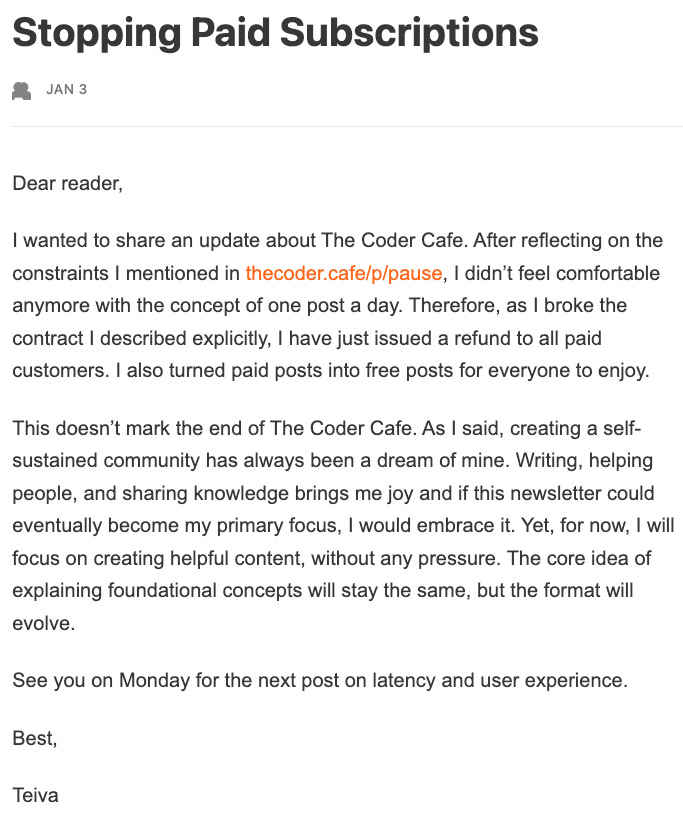 Screenshot of an email titled “Stopping Paid Subscriptions” where the author announces refunds to all paid subscribers and a shift to free posts.