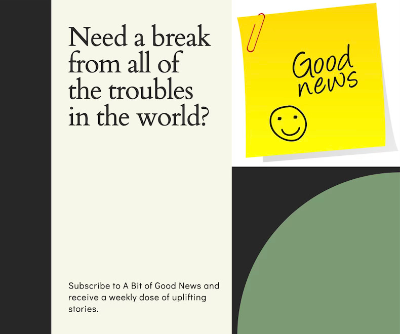 Promo for A Bit of Good News features a yellow sticky note with the words good news and a smiley face
