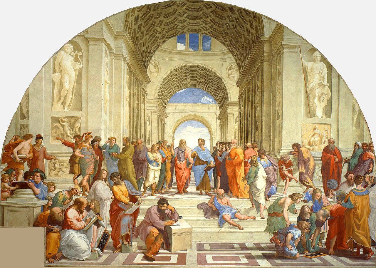 Ancient philosophers gathered under a grand arch Ancient philosophers gathered under a grand arch