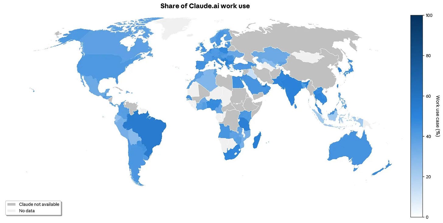 Proporción de conversaciones de Claude usadas para trabajo por país, según su posición en el índice global de uso de IA de Anthropic.
