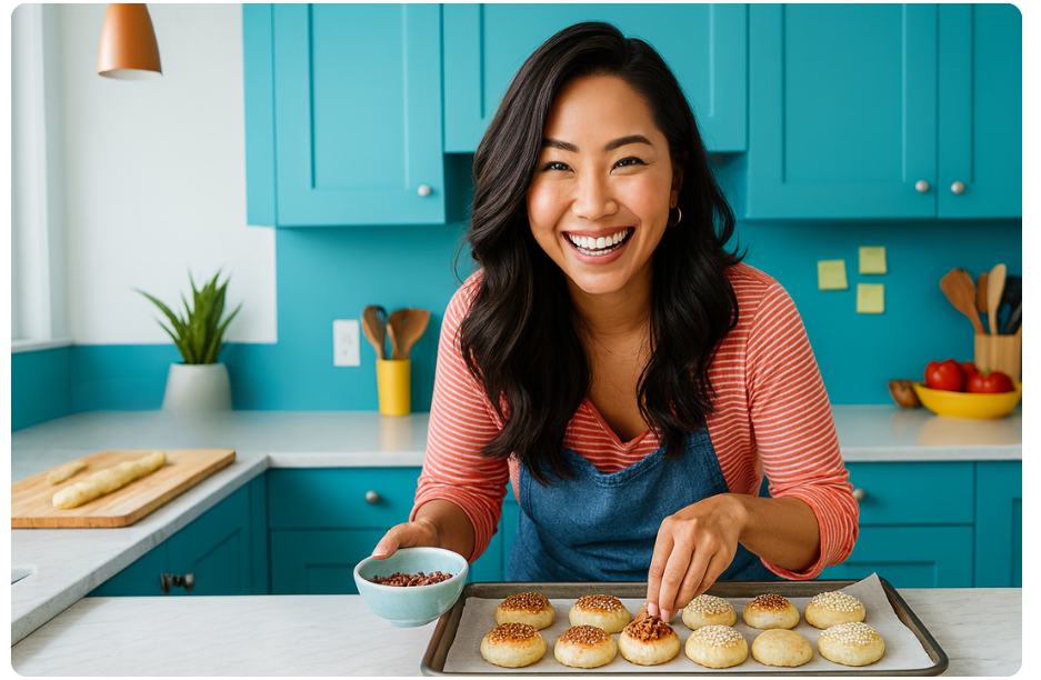 A smiling woman in a turquoise kitchen sprinkles toppings on freshly baked Korean pastries arranged on a tray, blending cultural heritage with island-inspired flavors.