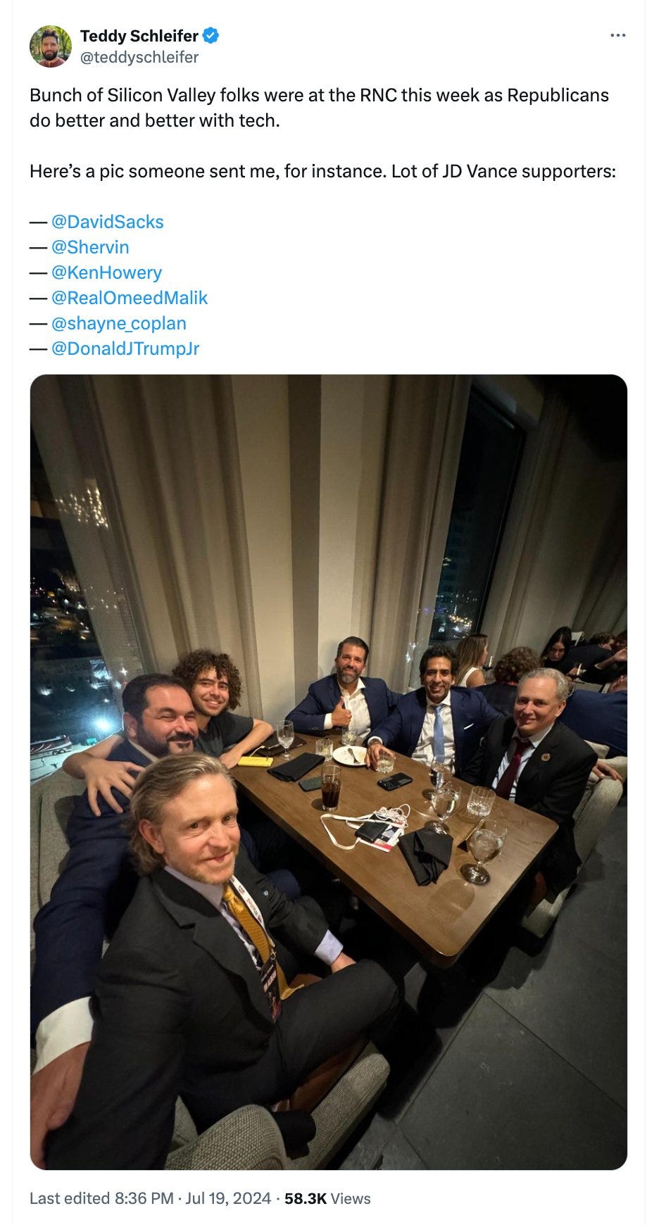 Photo shared on X aka Twitter by Teddy Schleifer that shows people sitting gathered around a table, including from front left clockwise to back right: Ken Howery, Shervin Pishevar, Shane Coplan, Donald Trump, Jr., Omeed Malik and David Sacks.