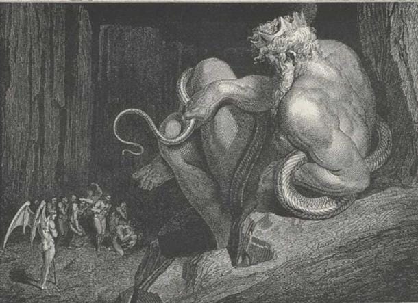 ‘There Minos stands’ – Canto V, line 4. (Public Domain) Gustave Doré's illustration of King Minos for Dante Alighieri's ‘Inferno.’ ‘There Minos stands’ – Canto V, line 4. (Public Domain) Gustave Doré's illustration of King Minos for Dante Alighieri's ‘Inferno.’