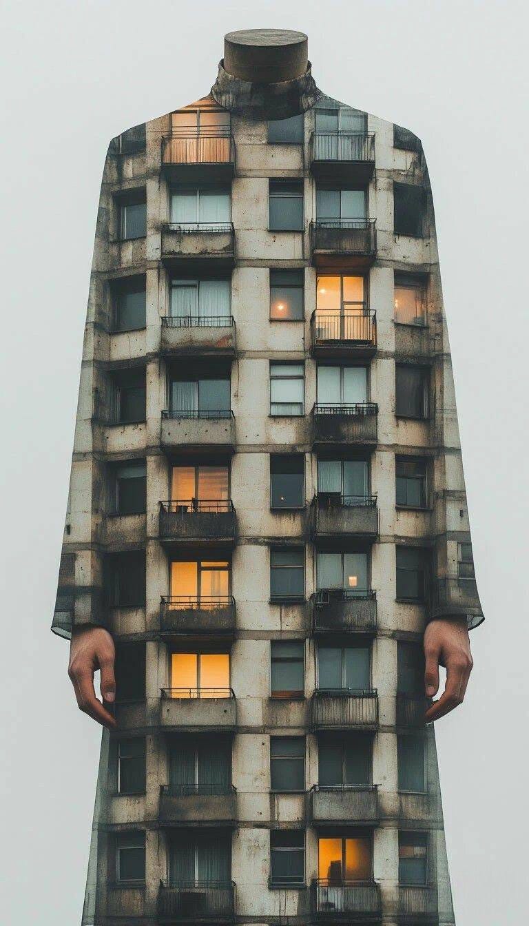 May be an image of overcoat and skyscraper