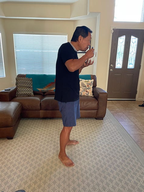 His posture is pretty typical in my practice. Note his ste at the CT-T junction, flat thoracio-lumbar spine, posterior pelvic tilt, knee flexion and his body weight is distributed on to his heels. The last photo is post lesson . Incredible change!