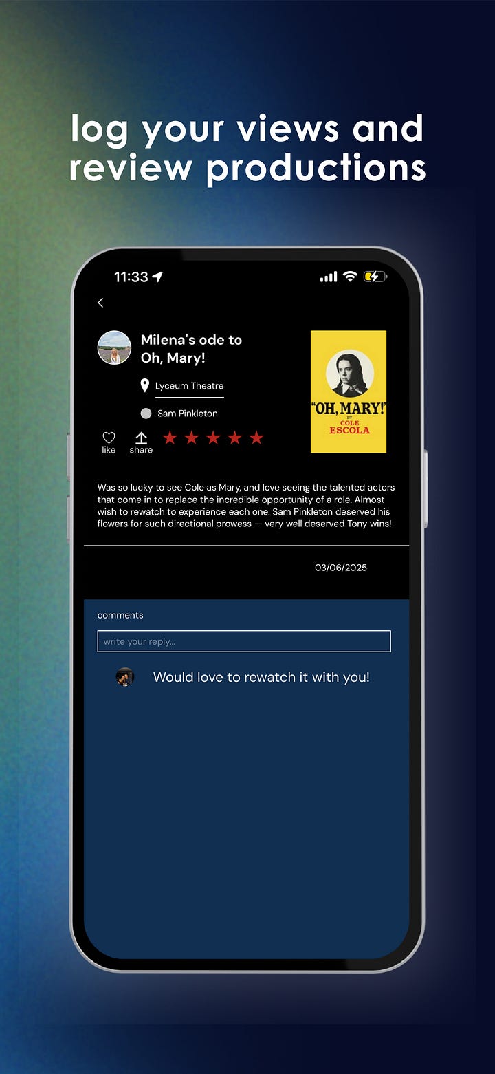 In the left image, the mostly white screen of a signup page to join ode as a person (highlightedi n black) or as a company or venue. In the right image, with a dark screen filter, there's the yellow poster for "Oh, Mary" featuring a black and white headshot of a woman. It's the account of user/founder Milena, who leaves a five star rating and what looks like a seventy-five word "ode" to the "Oh, Mary" production.