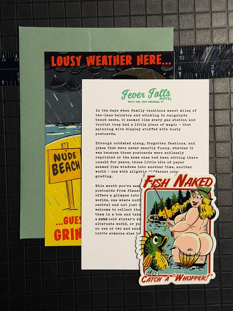 Three Planet Nude Sticker Club mailings laid out on a table, showing a mix of illustrated nudist-themed stickers, printed inserts, and zine-style extras from different monthly drops.