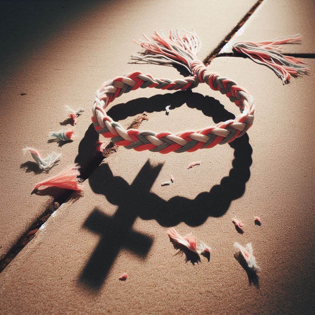 Friendship bracelet  shredded on a sidewalk with a cruciform shadow lingering in the upper right corner