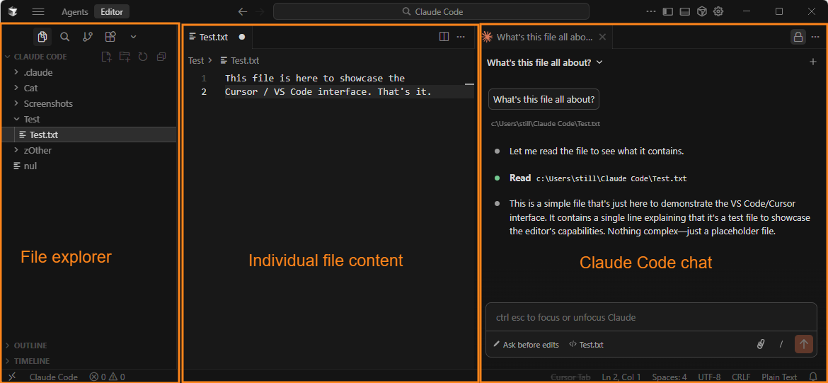 Annotated VS Code interface highlighting file explorer, open file content, and Claude Code chat panel, showing how Claude Code reads files and responds using skills and MCPs