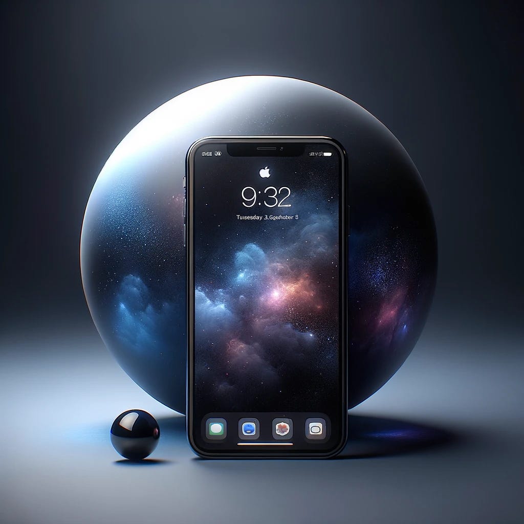 A 3D scene featuring an Apple iPhone mockup in the foreground with a large sphere in the background. The iPhone mockup is modern and realistic, displaying a generic interface on its screen. Behind the iPhone, the large sphere has a matte, frosted glass texture with a spacey color palette, incorporating shades like deep blue, starry black, and hints of cosmic purple. The sphere's subtle, celestial colors provide a striking contrast to the iPhone, creating a dynamic and visually captivating composition. This scene blends the sleek design of the iPhone with the ethereal beauty of the space-themed sphere.