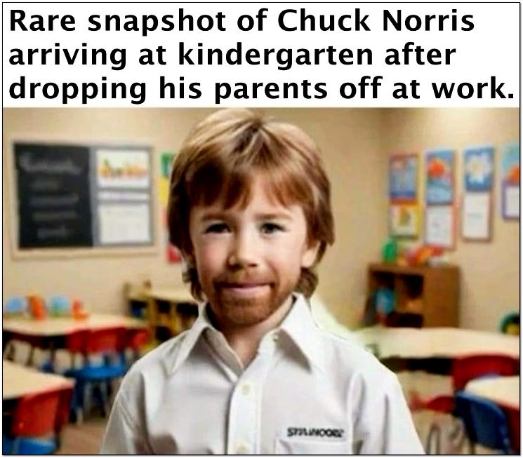 Rare snapshot of Chuck Norris arriving at kindergarten after dropping his parents off at work.