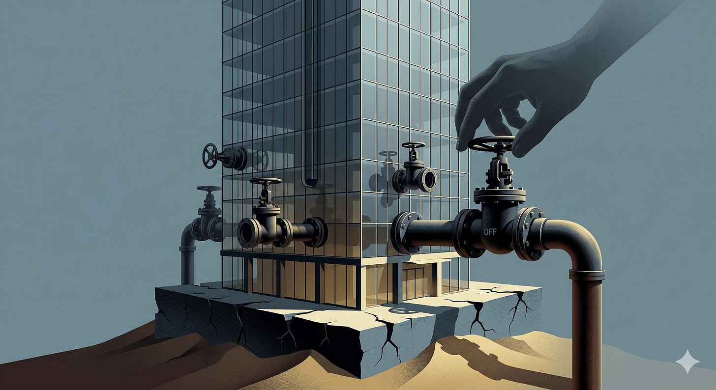 A high-contrast conceptual illustration of a glass skyscraper. The massive, sleek building is built on a foundation of sand, which is visibly cracked and shifting. Large black mechanical pipes and valves are connected to the lower levels of the building. In the foreground, a large master valve has a distinct setting of 'OFF,' and an indistinct, shadowy hand is captured in the act of turning the valve. The color palette uses muted, corporate tones of slate blue, charcoal, and gold, emphasizing a structural, precarious, and strategic mood.