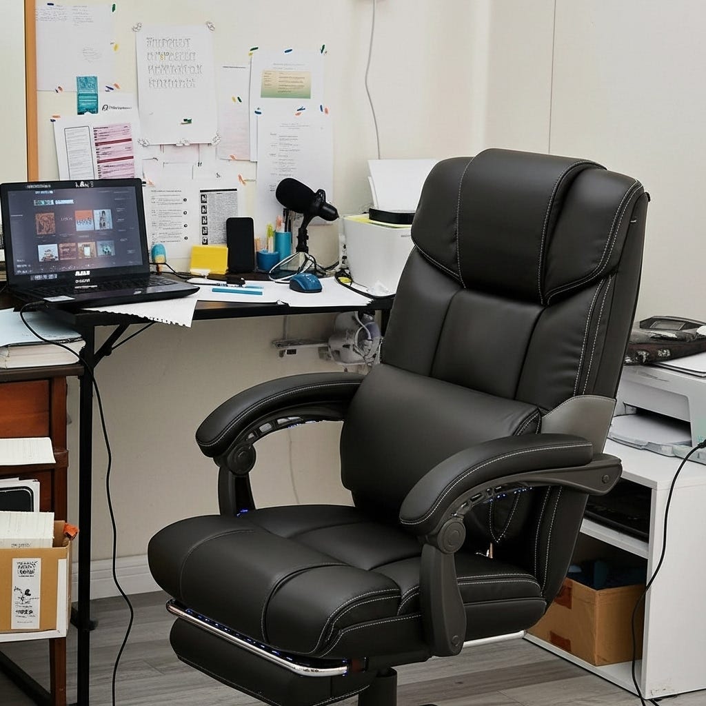 Black leather office chair with footrest and lumbar pillow beside the office desk with laptop and printer